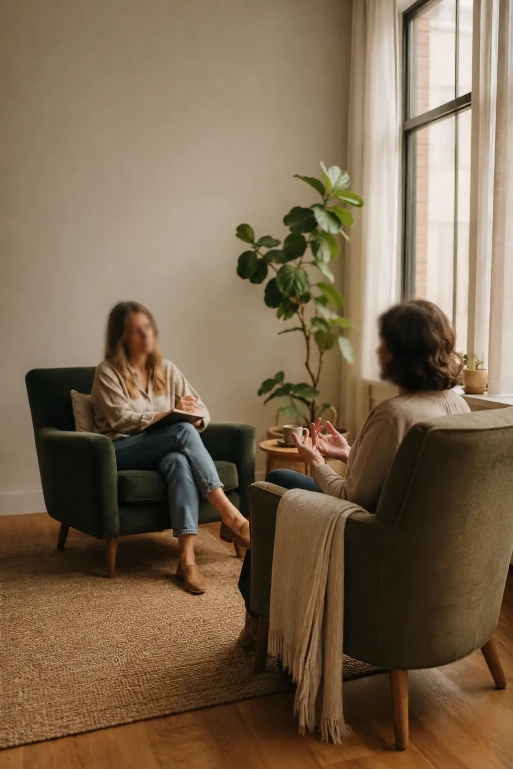 Two people in conversation in a calm, light-filled consultation room